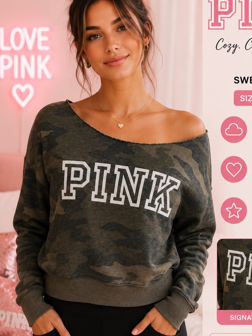 PINK Victoria's Secret Olive Camo Crewneck Sweater SMALL LIKE NEW